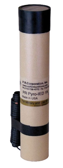 The PR-Pyro IED 1N, All Weather emits a loud bang, fright flash, and a plume of smoke from the top of the tube with no fragmentation.